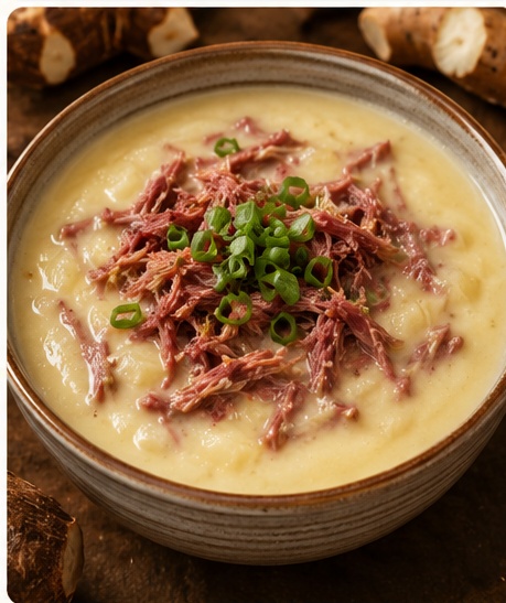 Caldo de aipim com carne-seca desfiada