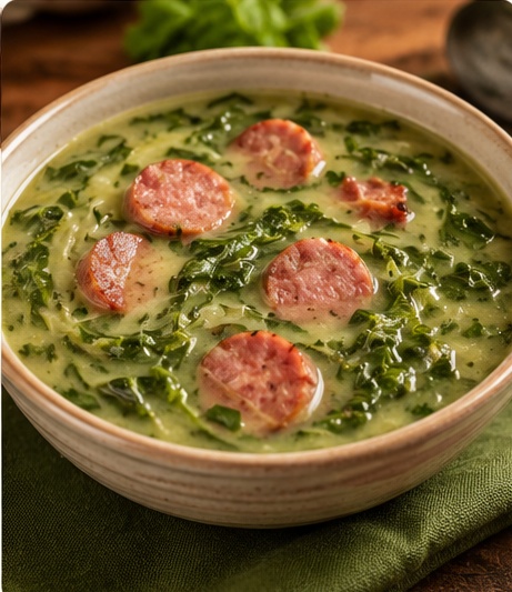 Caldo verde com couve e rodelas de calabresa