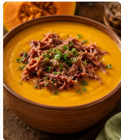 Creme de abóbora com carne-seca desfiada