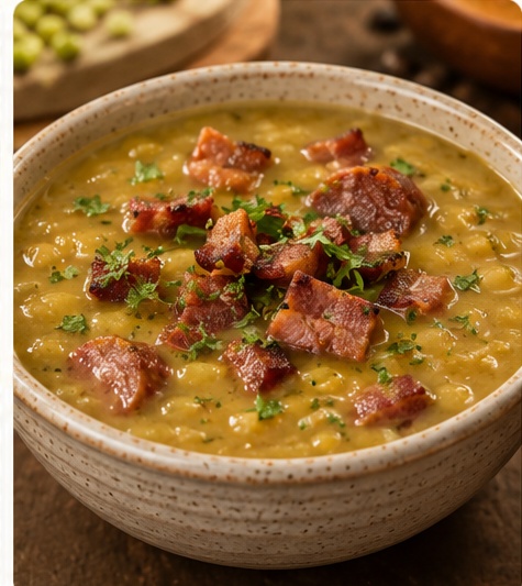 Creme de ervilha com bacon e calabresa por cima
