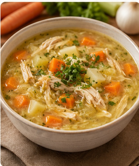 Sopa de frango com cenoura e batata em pedaços